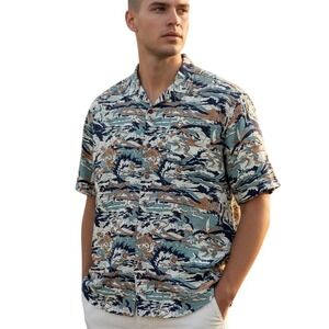 Quiksilver Button Down Short Sleeve Graphic Camp Shirt - Surfer Palm Trees